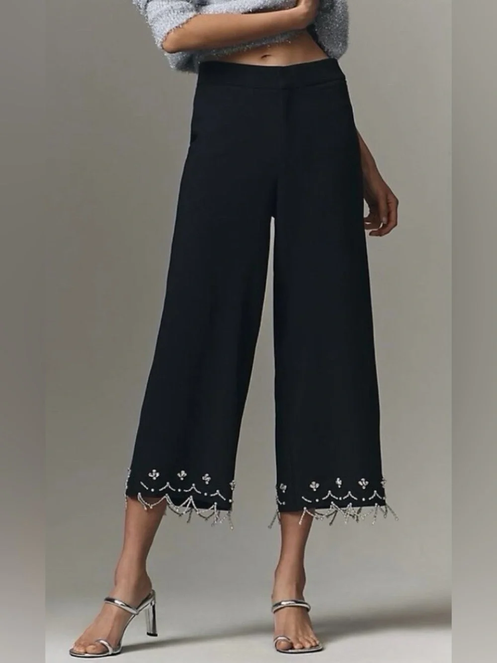 NWT Anthropologie | Women’s Black Crystal Crop High Rise Wide Leg Pants Size 2